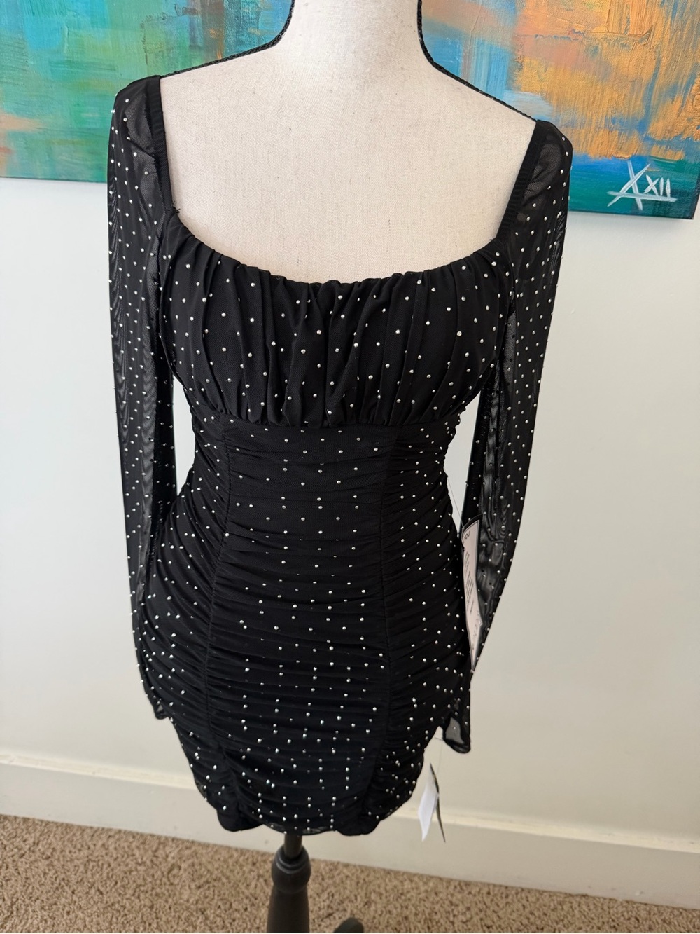 City Studios NWT Ruched Stretch Black Mini Dress Sheer Sleeves Silver Studs XS